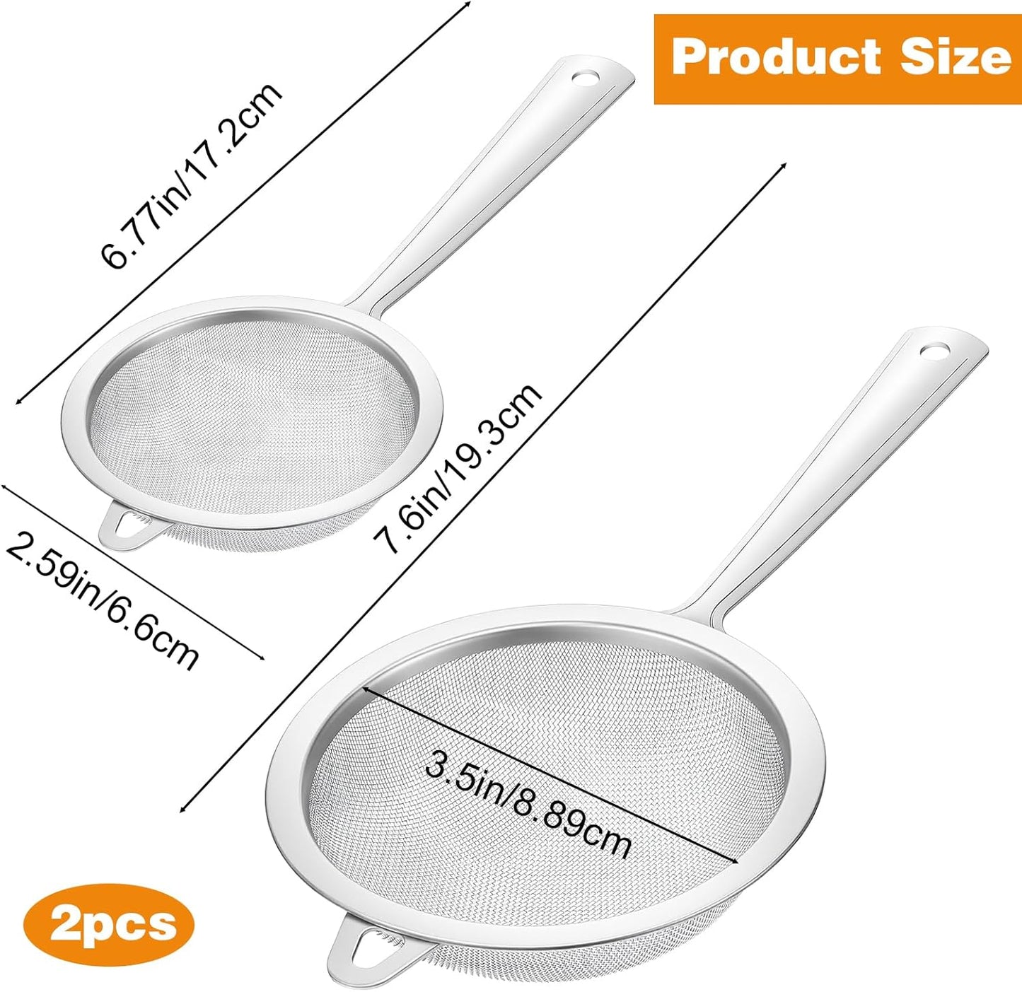2 Pack Sieve Fine Mesh Stainless Steel, Mesh Strainer with Handle, Fine Meshes Strainers for Cooking Tea Food Strainer, 2 Sizes