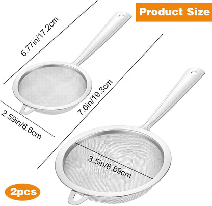 2 Pack Sieve Fine Mesh Stainless Steel, Mesh Strainer with Handle, Fine Meshes Strainers for Cooking Tea Food Strainer, 2 Sizes