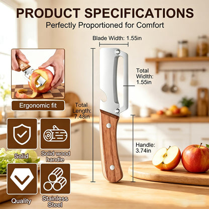 MultiFunctional Vegetable Peeler for Kitchen, Vegetable Peeler with Wooden Handle and Bottle Opener, 2-in-1 Stainless Steel Kitchen Peelers for Fruit Veggie Apple Potato Pumpkin Papaya(1PCS)