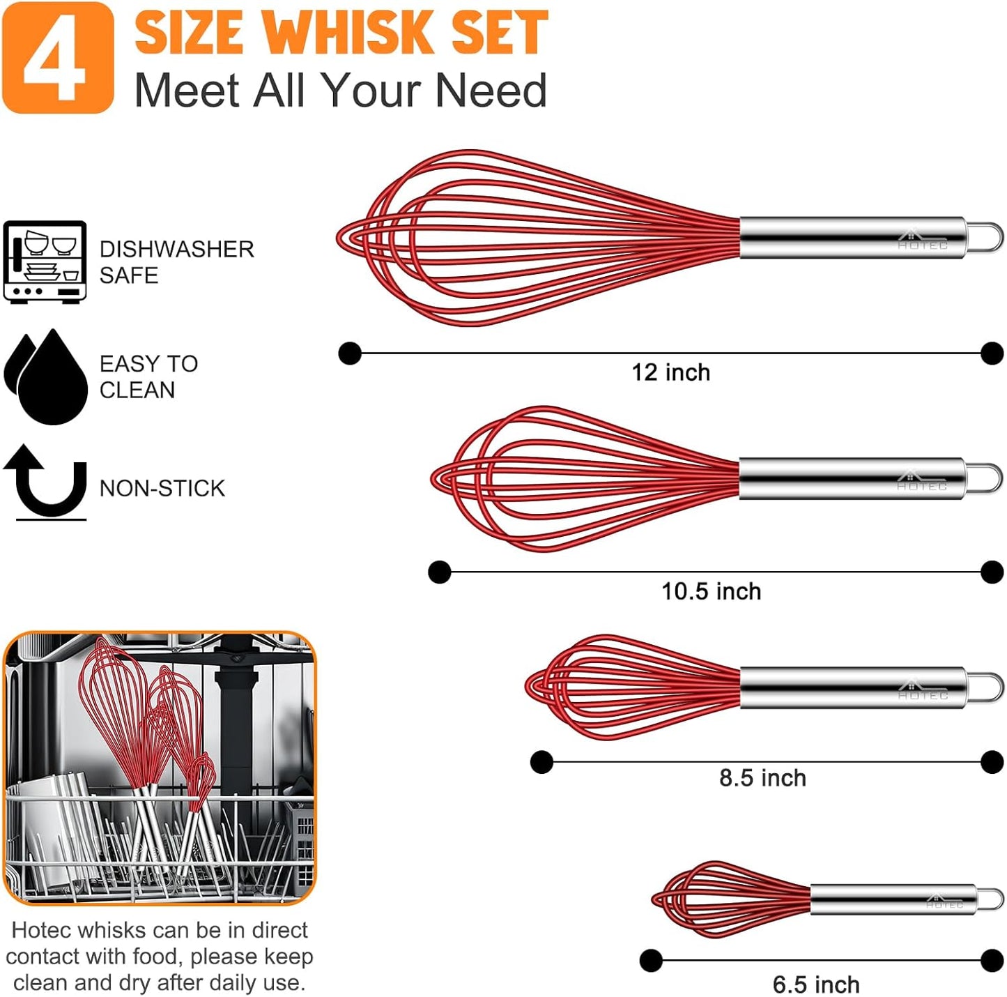 HOTEC 4 Pieces Silicone Whisks Set, Wire Balloon Whisks for cooking Egg Beater, Non-slip Handle Whisk for Non-stick Cookware Perfect for Cooking, Stirring, Beating and Blending (Multicolor)