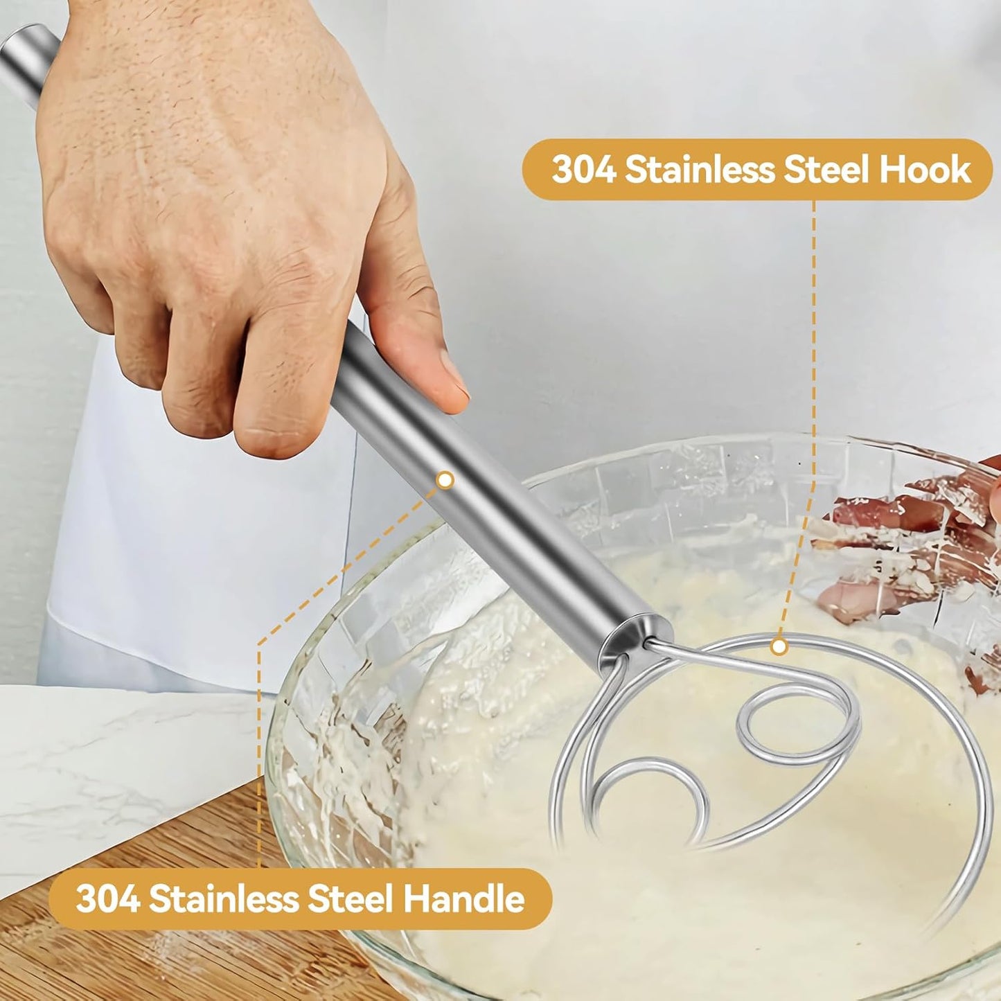 Danish Dough Whisk Dutch Bread Mixer Stainless Steel Hook Wooden Handle Baking Tools for Sourdough Pizza Pastry Cake Batter Making