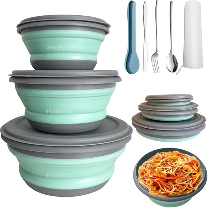 Collapsible Camping Bowl with Lid, Silicone Salad Bowl Serving, Microwave Foldable Soup Ramen Serving for Travel, Picnic, Rv(Blue)