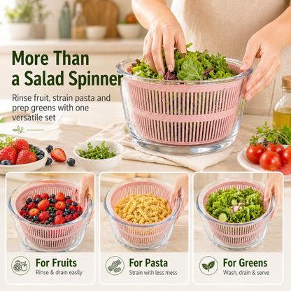 Good Grips Large 5.2 Qt Glass Salad Spinner Vegetable Dryer with Drain Dishwasher Safe with Transparent Lid Crank Handle Quick Spin Greens Washer for Lettuce Herbs Fruits Pink
