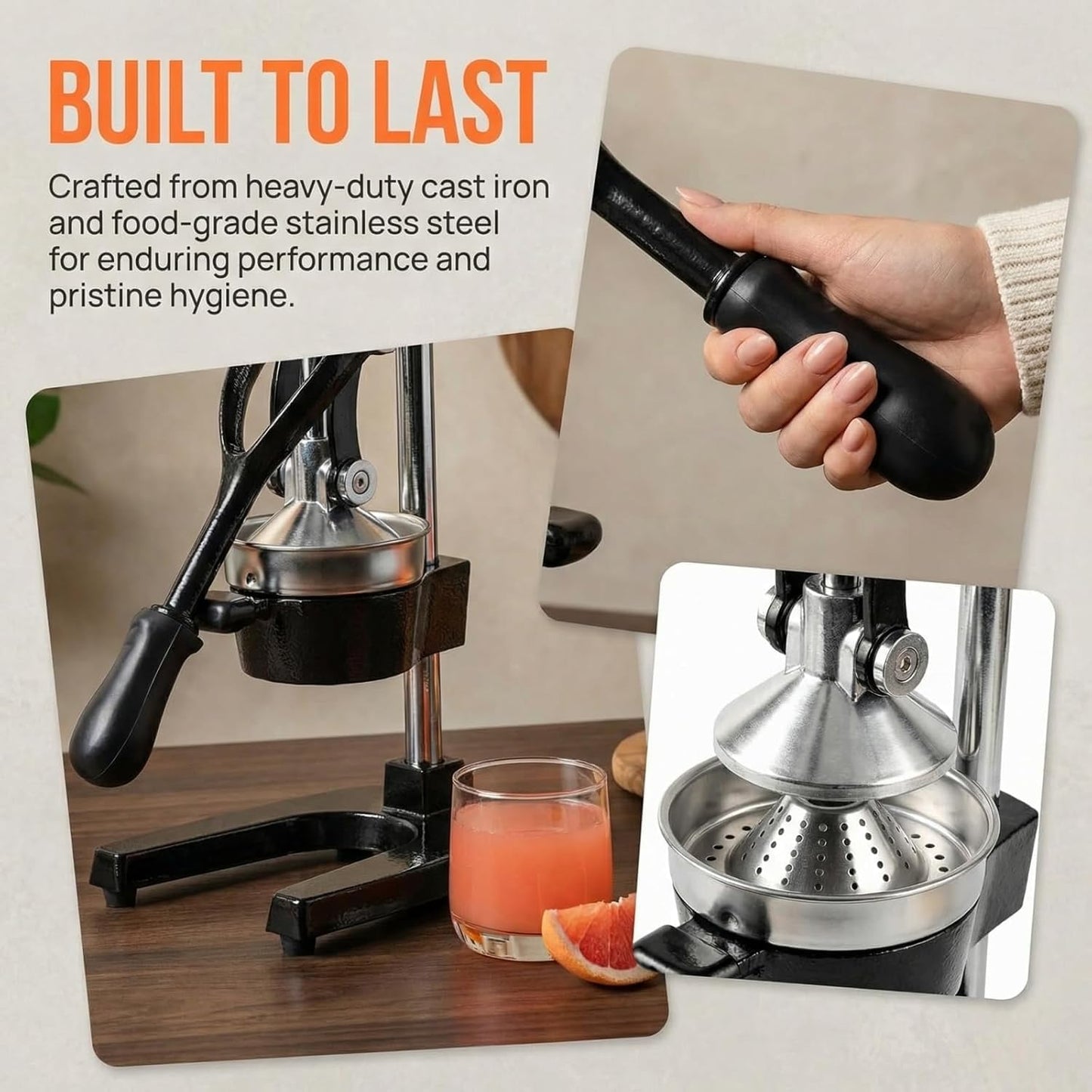 Cast Iron Orange Juice Squeezer for Kitchen,Heavy-Duty Professional Citrus Juicer-Stainless Steel Manual Citrus Press&Orange Squeezer(Easy-to-Clean) (Black)