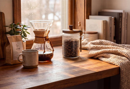 31oz Airtight Coffee Canister with Scoop, Glass Coffee Container for Bean Storage, Clear Coffee Bean Holder Jar with Acacia Wood Lid ans Spoon, Coffee Storage Container Kitchen Canister for Countertop