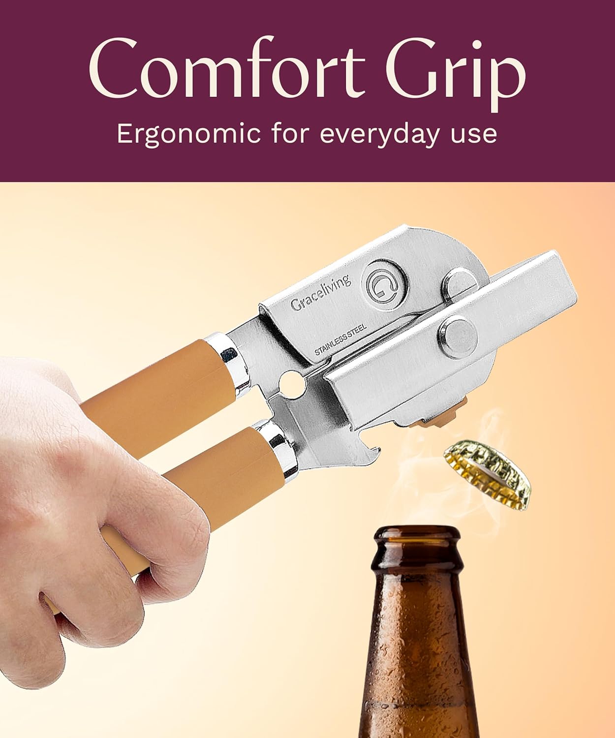Premium Multifunction Magnetic Manual Can Opener and Bottle Opener, Heavy Duty Stainless Steel Sharp Cutting Blade and Oversized Easy Turn Knob, Soft-Touch Handle, Kitchen Use, Mauve
