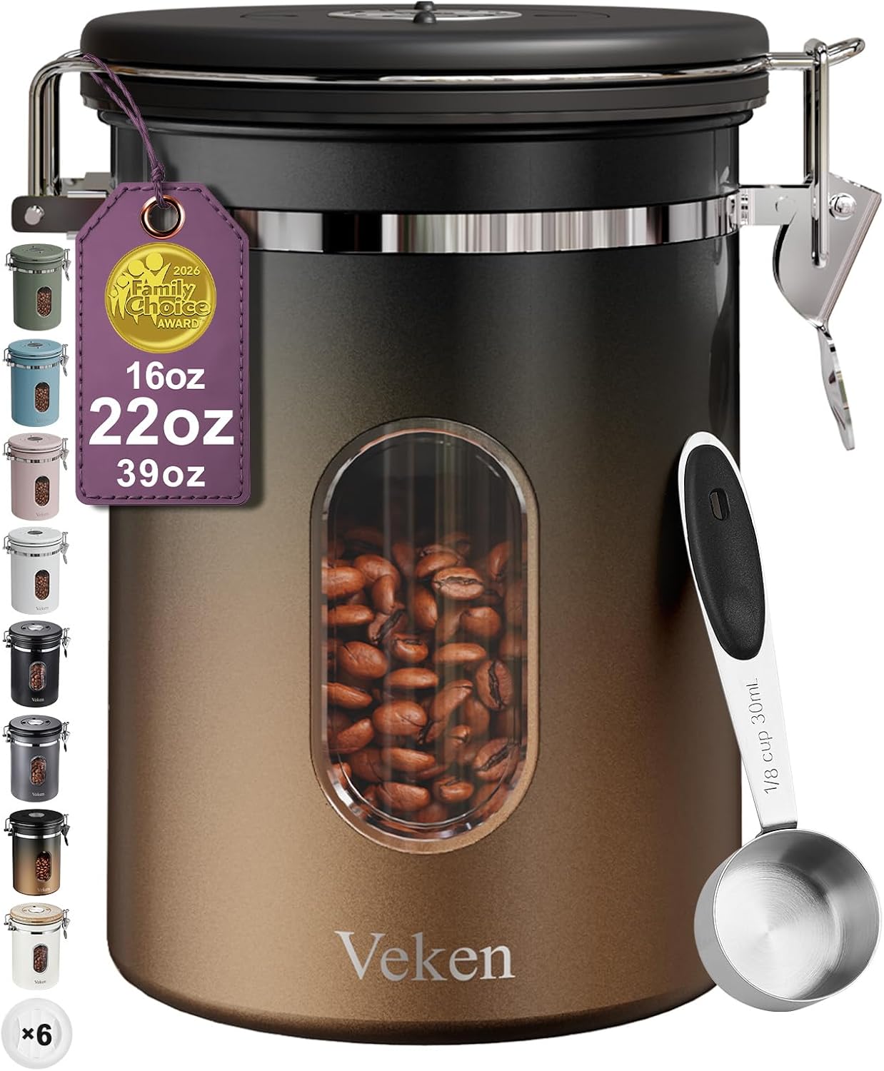 Veken Coffee Canister with Window,Airtight Stainless Steel Pantry Container,Home Kitchen Food Storage Organizers for Ground,Beans,Espresso,Rice,Tea,Sugar,Cereal, Decor,Bar Accessories,Gifts,22OZ,Black