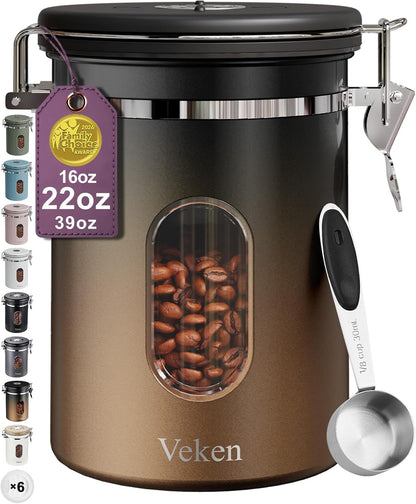 Veken Coffee Canister with Window,Airtight Stainless Steel Pantry Container,Home Kitchen Food Storage Organizers for Ground,Beans,Espresso,Rice,Tea,Sugar,Cereal, Decor,Bar Accessories,Gifts,22OZ,Black