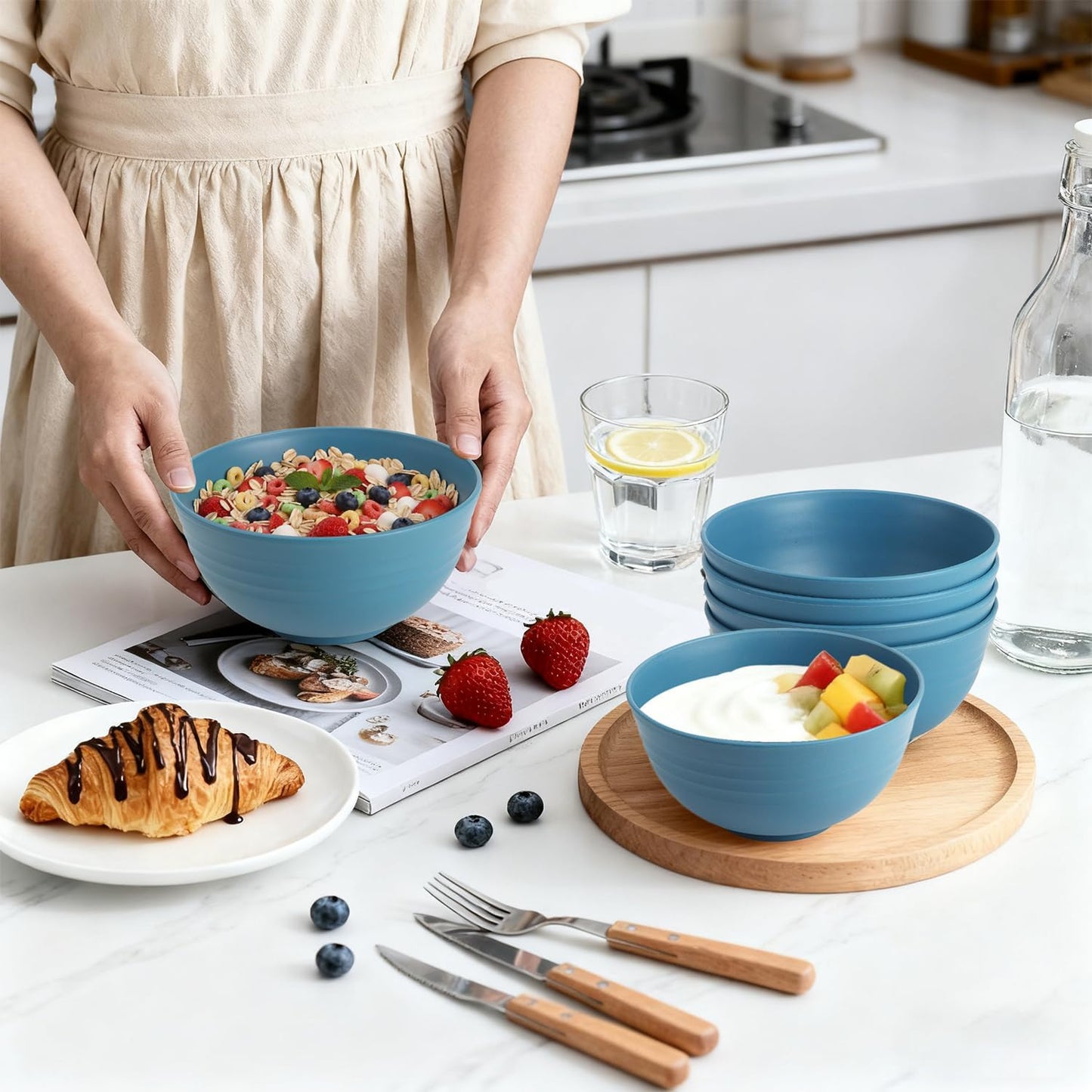 Wheat Straw Bowls Set with Lids, Unbreakable 40 OZ Cereal Bowls Set of 4, Salad Container for Lunch, Microwave & Dishwasher Safe Bowl Set for Kitchen, Picnic, RV, Camping, Multi
