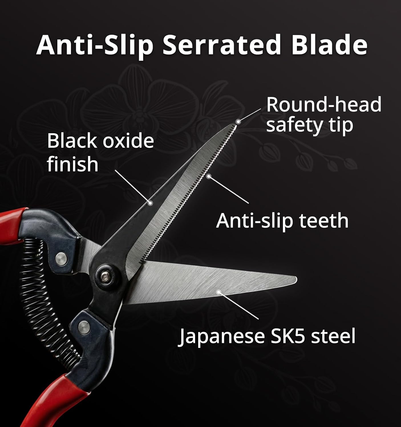 Gardeness Stainless Steel Pruning Snips with Serrated Blade, Adjustable Joint Screw Micro-Tip Garden Scissors for Harvesting Herbs, Fruit, and Floral Arranging, Corrosion-Resistant & Made in Taiwan