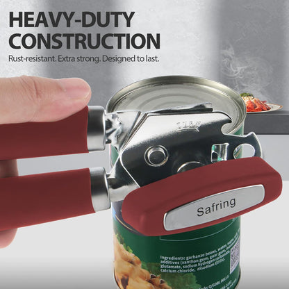 Safring Can Opener Manual, Heavy Duty Handheld Strong Can Opener with Soft Touch Handle, Sharp Blade Smooth Edge, Can Openers with Multifunctional Bottle Opener, Black