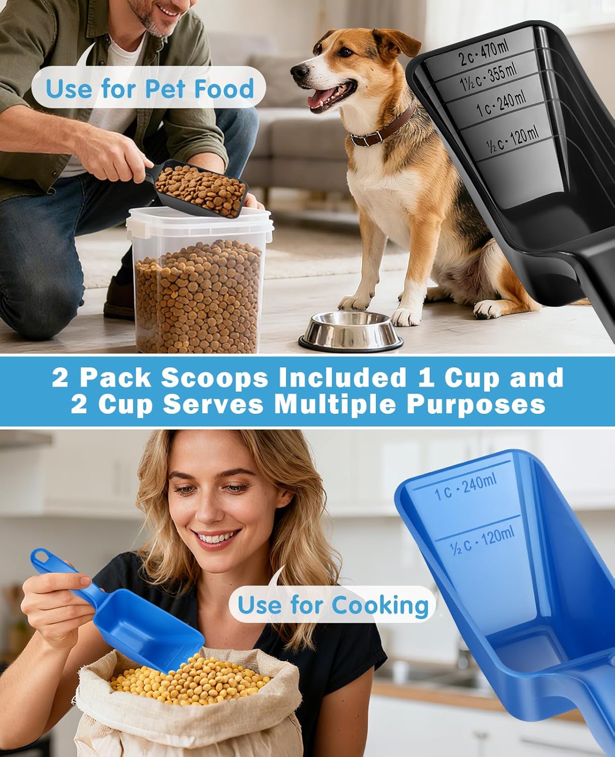 2-Pack Dog Food Scoop Set,1 Cup and 2 Cup Plastic Pet Food Measuring Scoops with Clear Measurement Lines,Multi-Purpose Pet Food Scooper for Dogs, Cats (Green and Black)
