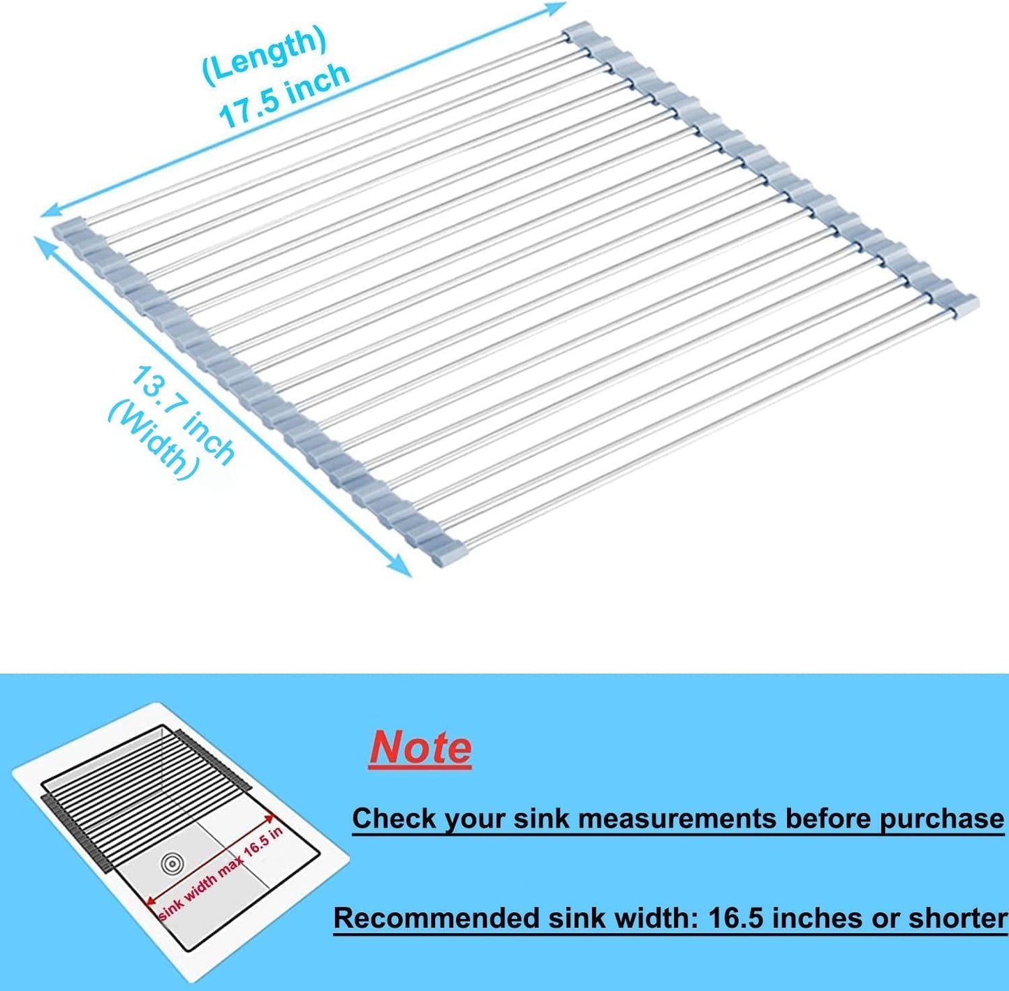 Seropy Roll Up Dish Drying Rack Over The Sink for Kitchen Sink Drying Rack Folding Dish Drainer Mat Rolling Dish Rack Sink Rack Stainless Steel Kitchen Dry Rack Black 17.5x15.7 Inch