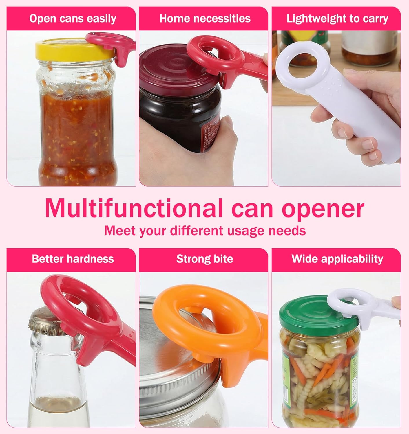 3PCS Jar Key Lid Opener, 5.51-Inch Jar Key for Seniors & Arthritis, Plastic Can Opener, Church Key Design for Sealed Lids (Rose Red, White and Orange)