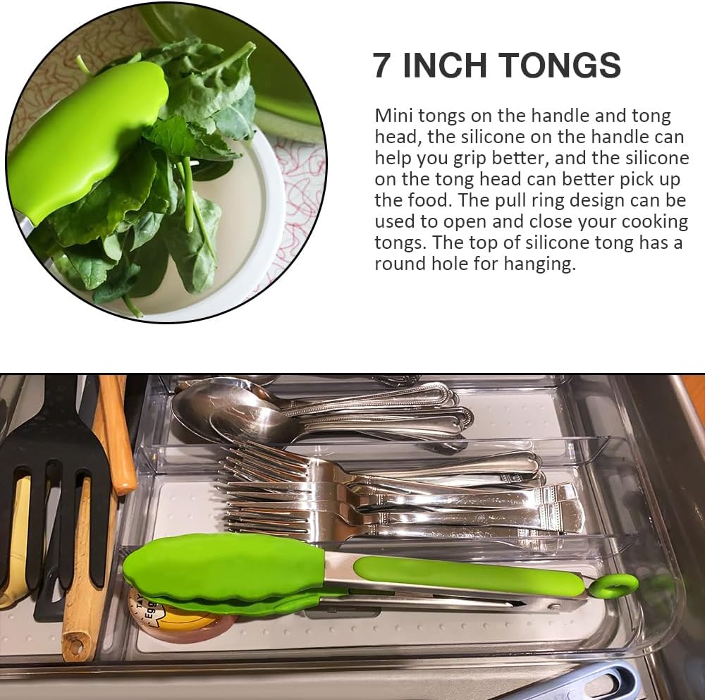 Mini Silicone Serving Tongs Set of 3, Small Kitchen Tongs (7 inch) with Silicone Tips and Stainless Steel Handle, Cooking Tongs for Salads, Pasta, Steaks, Vegetables