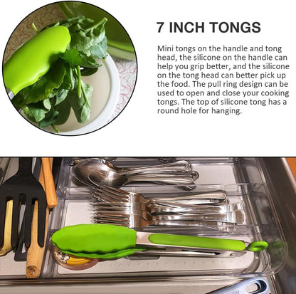 Mini Silicone Serving Tongs Set of 3, Small Kitchen Tongs (7 inch) with Silicone Tips and Stainless Steel Handle, Cooking Tongs for Salads, Pasta, Steaks, Vegetables