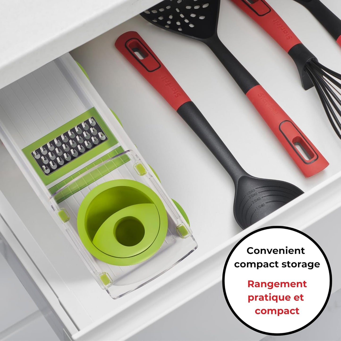 Starfrit Easy Mandoline Slicer, Dicer - 5-Blades and Graters - Straight & Crinkle Blades, Julienne, Grater & Shredder - Self-Feeding Pusher - Catch Base for Storage and Food Container