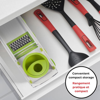 Starfrit Easy Mandoline Slicer, Dicer - 5-Blades and Graters - Straight & Crinkle Blades, Julienne, Grater & Shredder - Self-Feeding Pusher - Catch Base for Storage and Food Container