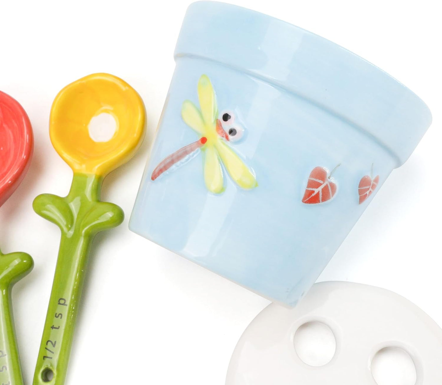 Flower Pot Measuring Spoons Set, Ceramic Baking Cup with Base Stand Holder, Decorative Cute Figurine for Dry & Wet Ingredients, Kitchen, Home & Gift - 1 Tbsp, 1 Tsp, 1/2 Tsp, 1/4 Tsp, Dishwasher Safe