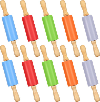 10 Pcs Small Rolling Pin Kids 9 Inch Mini Rolling Pin Silicone Wooden Cooking Pins Baking 5 Colors Non Stick with Wooden Handle for Christmas Kitchen Dough Cookie Pastry Fondant Cake, Christmas Gifts