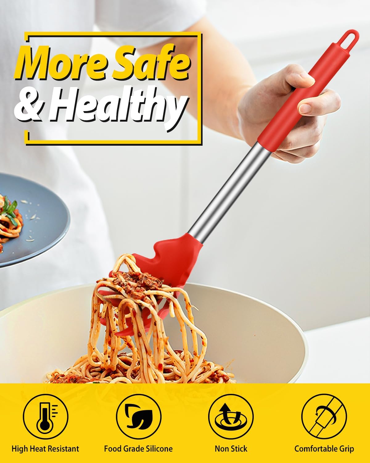 Silicone Pasta Fork and Ladle Spoon Set, Large Non Stick Kitchen Utensils for Cooking,Stirring,Serving Spaghetti, Soup, Sauce (GRAY)