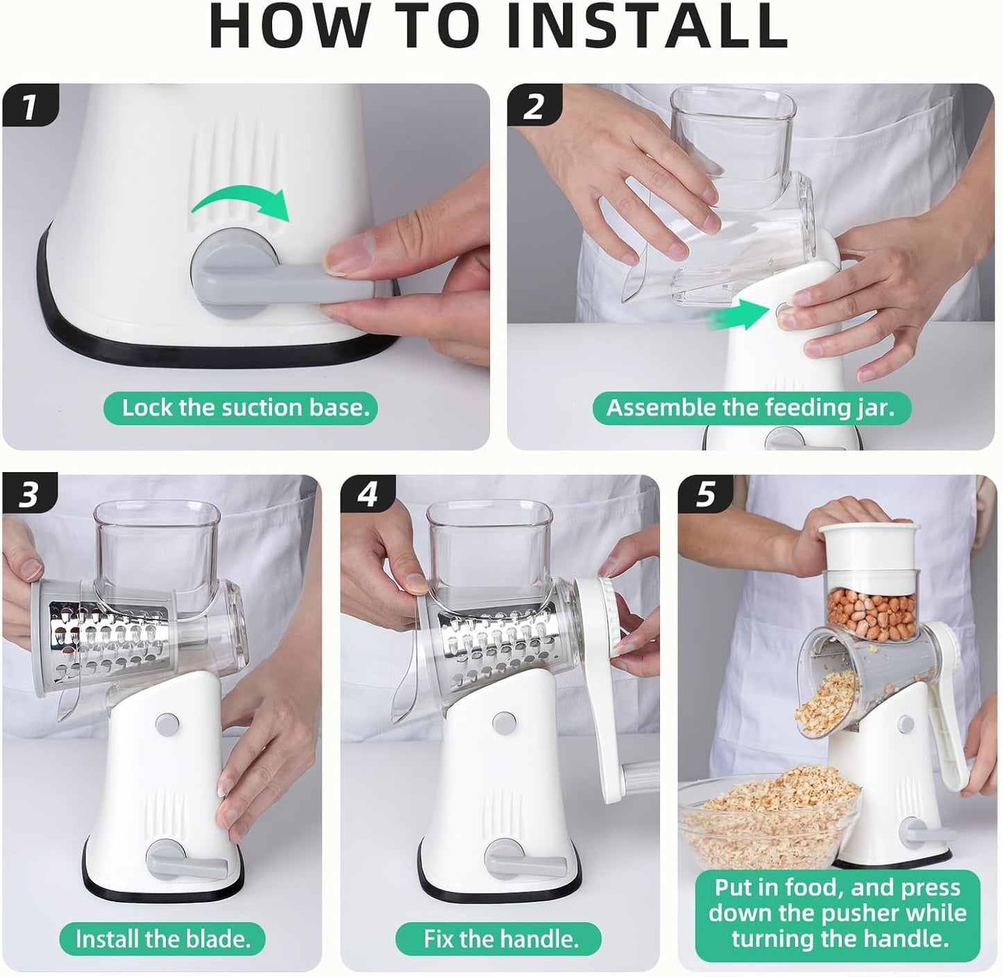 5 in 1 Rotary Cheese Grater, Manual Hand Crank Cheese Grater With Reinforced Suction & 5 Interchangeable Blades, Multifunctional Cheese Shredder, Easy to Use and Clean, White