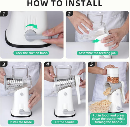 5 in 1 Rotary Cheese Grater, Manual Hand Crank Cheese Grater With Reinforced Suction & 5 Interchangeable Blades, Multifunctional Cheese Shredder, Easy to Use and Clean, White