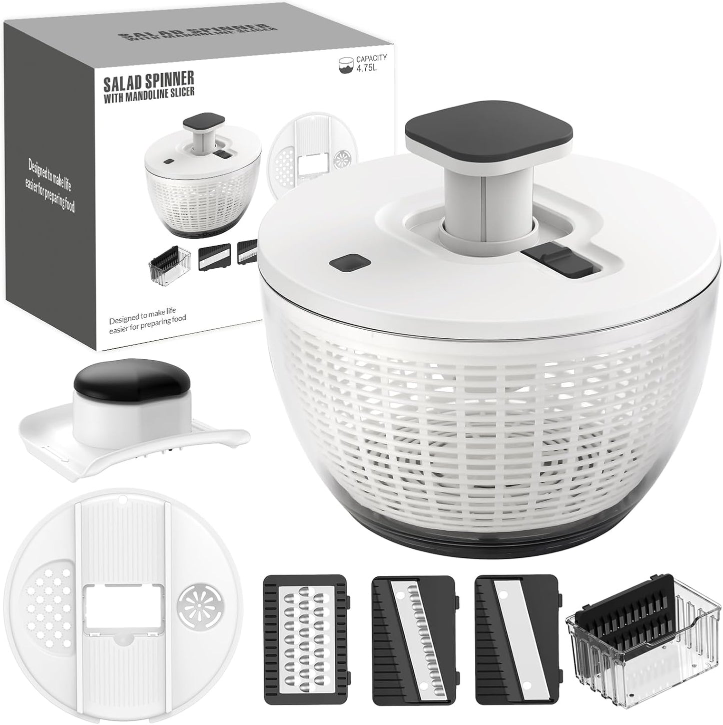 Salad Spinner Large, Lettuce Spinner, Fruits and Vegetables Washer with 4 Blades Slicer, One-handed Easy Press Large Vegetable Dryer Salad Mixer, 5 Quart Capacity, Grey
