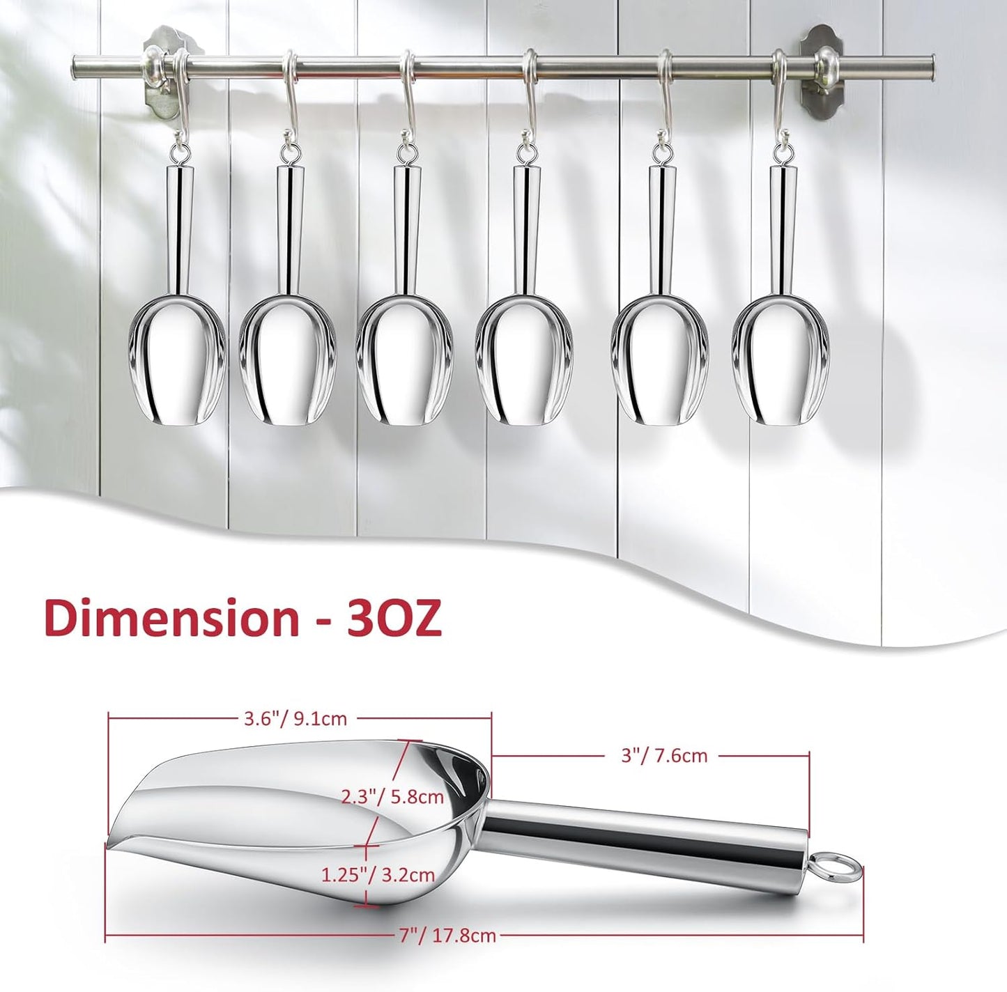 6 Oz Ice Scoop Set of 2, Leonyo Small Ice Cube Scoop for Freezer Bin, Stainless Steel Food Scoopers Spoon for Dry Goods, Flour, Pet, Kitchen Containers – Silver