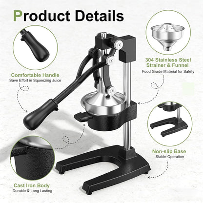 Manual Cast Iron Juicer, Commercial Hand Juicer Squeezer with Stainless Steel Cup Heavy-Duty Manual Juicer Hand Press Countertop Citrus Juice Press for Orange, Lemon, Pomegranate, Grapefruit