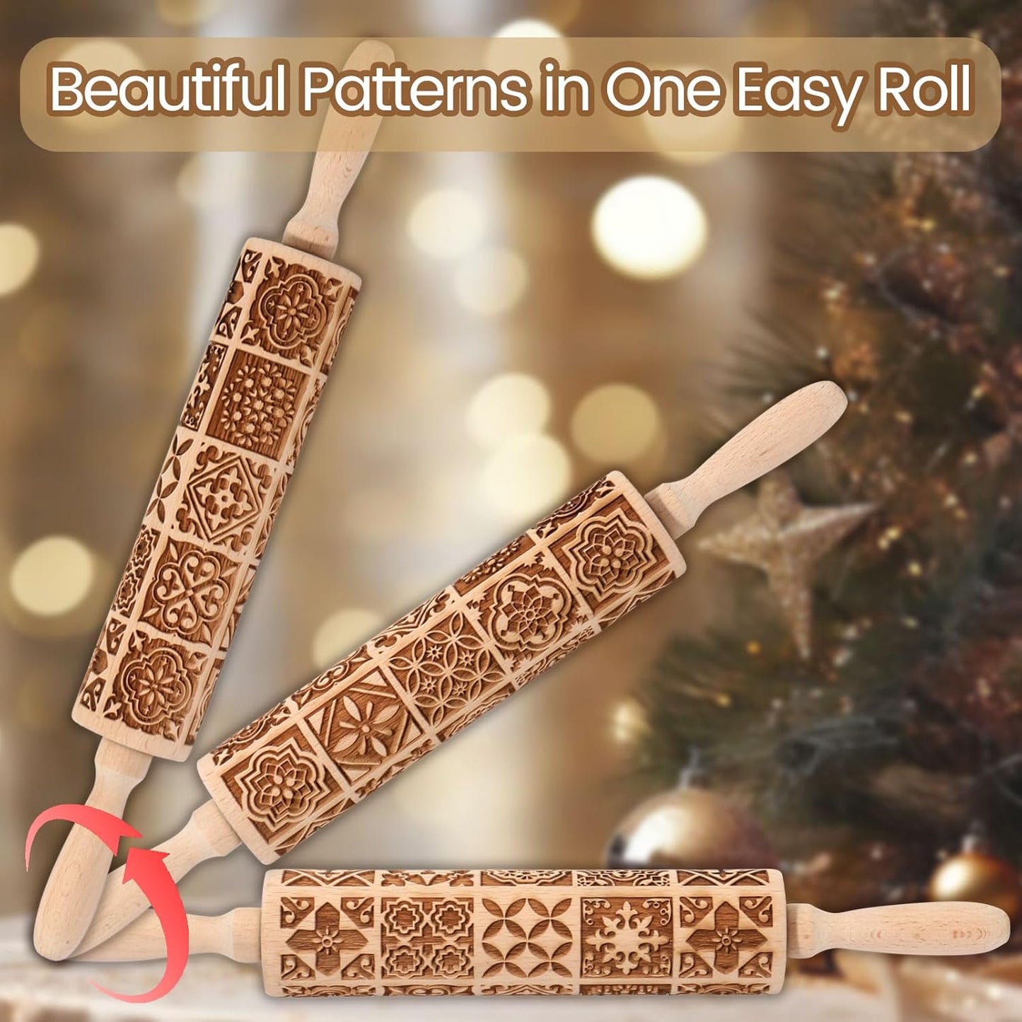 Floral Vine Embossed Rolling Pins for Cookies, Wooden Engraved Rolling Pins for Baking, Embossing Rolling Pins with Designs, Patterned Rolling Pin Decorative Springerle Mold Stamp Clay Pattern Roller