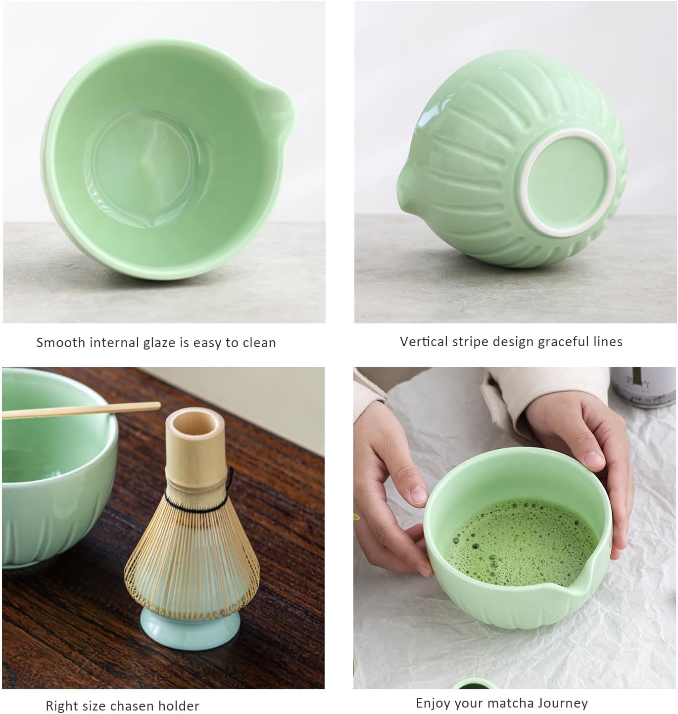 TANG PIN Matcha Set - Match Bowl and Whisk, 15 OZ, Matcha Scoop | Matcha Whisk Stand (Chasen Holder) - 4pc Perfect Matcha Kit for Matcha Tea Ceremony (Mottled Green)