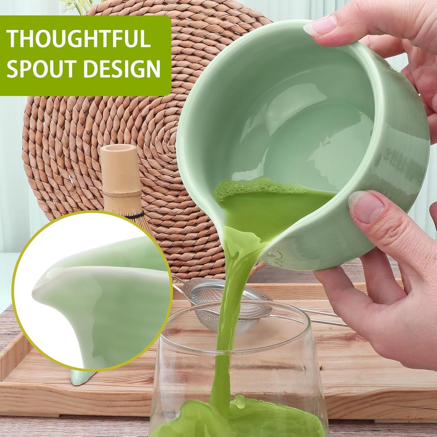 Accguan Matcha Whisk Set, 7pcs - Bamboo & Ceramic, Includes 19 oz Bowl, Whisk, Spoons, Holder, Sifter & More - Perfect for Matcha Lovers