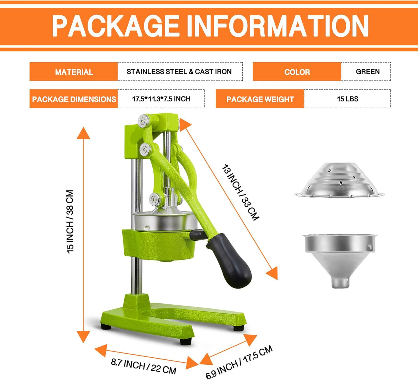 Commercial Heavy Duty Cast Iron Hand Press Manual Orange Citrus Lemon Lime Grapefruit Pomegranate Fruit Juice Squeezer Machine with Stainless Steel Cup