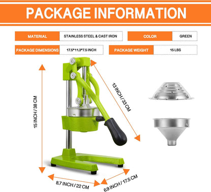 Commercial Heavy Duty Cast Iron Hand Press Manual Orange Citrus Lemon Lime Grapefruit Pomegranate Fruit Juice Squeezer Machine with Stainless Steel Cup