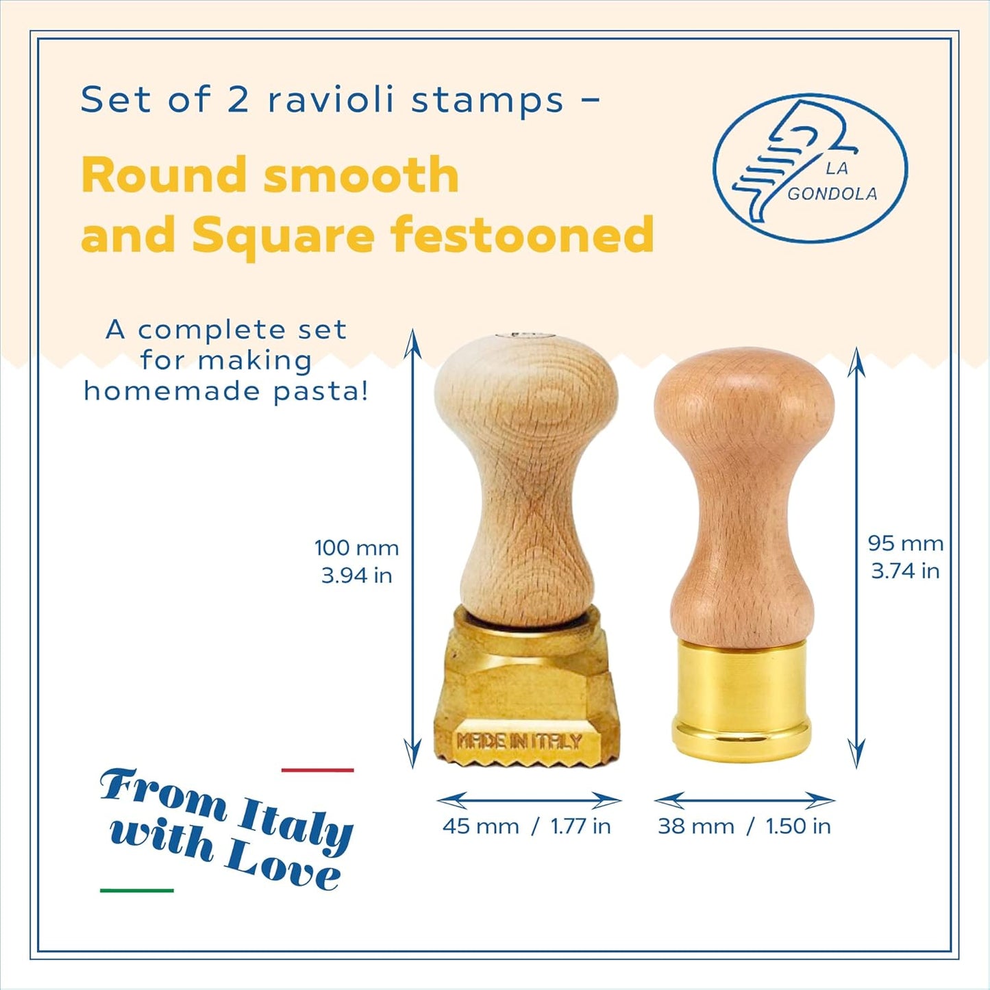 La Gondola Homemade Ravioli Stamp - Round Festooned 1.97in | Italian Pasta Making Tool for Home and Business | Brass & Natural Wood | Sturdy & Easy to Use Ravioli Stamp | Ravioli Cutter Made in Italy