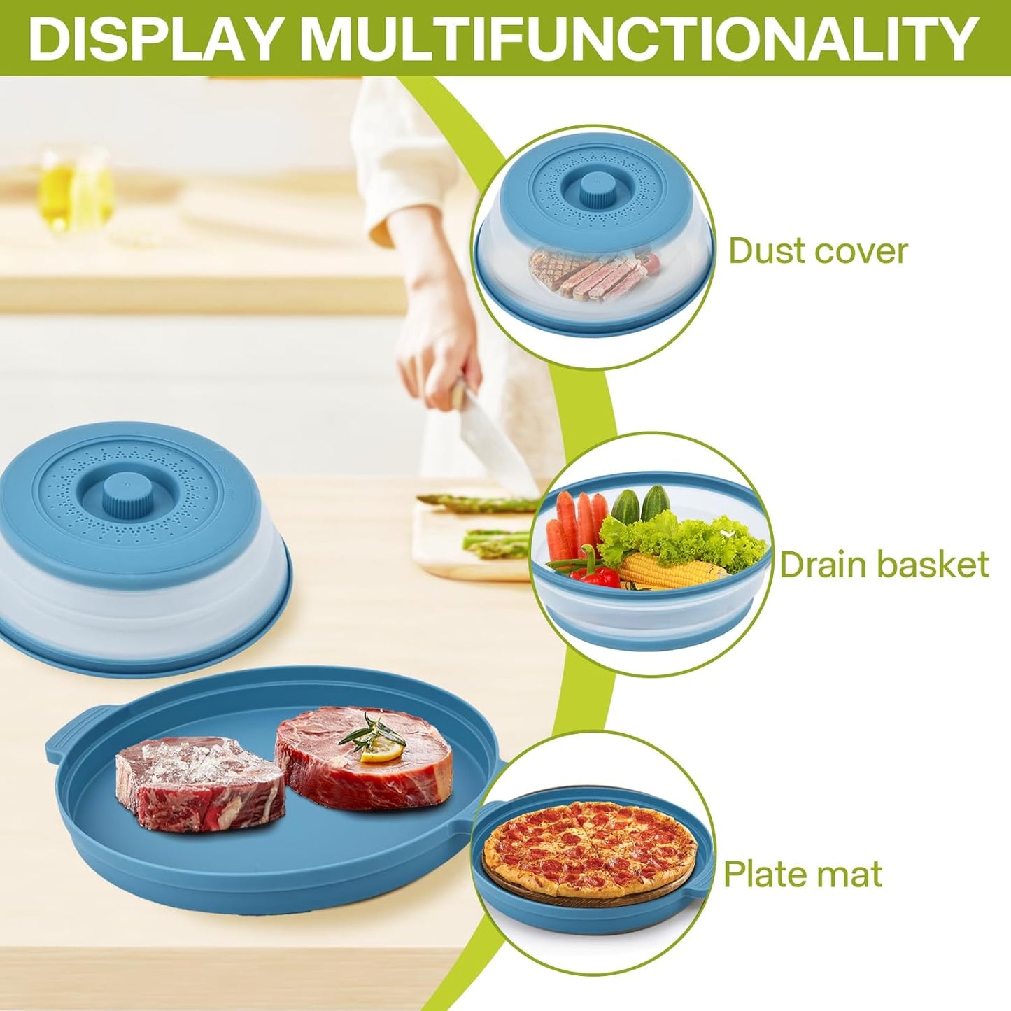 Microwave Splatter Cover for Food with Anti-scald Base Plate,Large Plastic & Silicone Vented Avoid Scalding Collapsible Guard Lid, Plate & Kitchen Colander for Meal Prep-10.7 Inch (2pcs-Gray-Black)