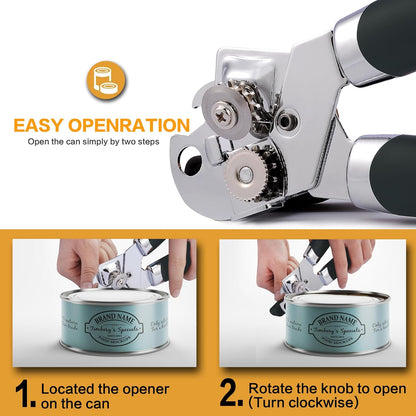 Can Opener, 3-In-1 Manual Can Openers, Cordless Tin Opener with Lids off Jar Opener and Bottle Opener in One, Smooth Edge and Heavy Duty Stainless Steel Sharp Blade
