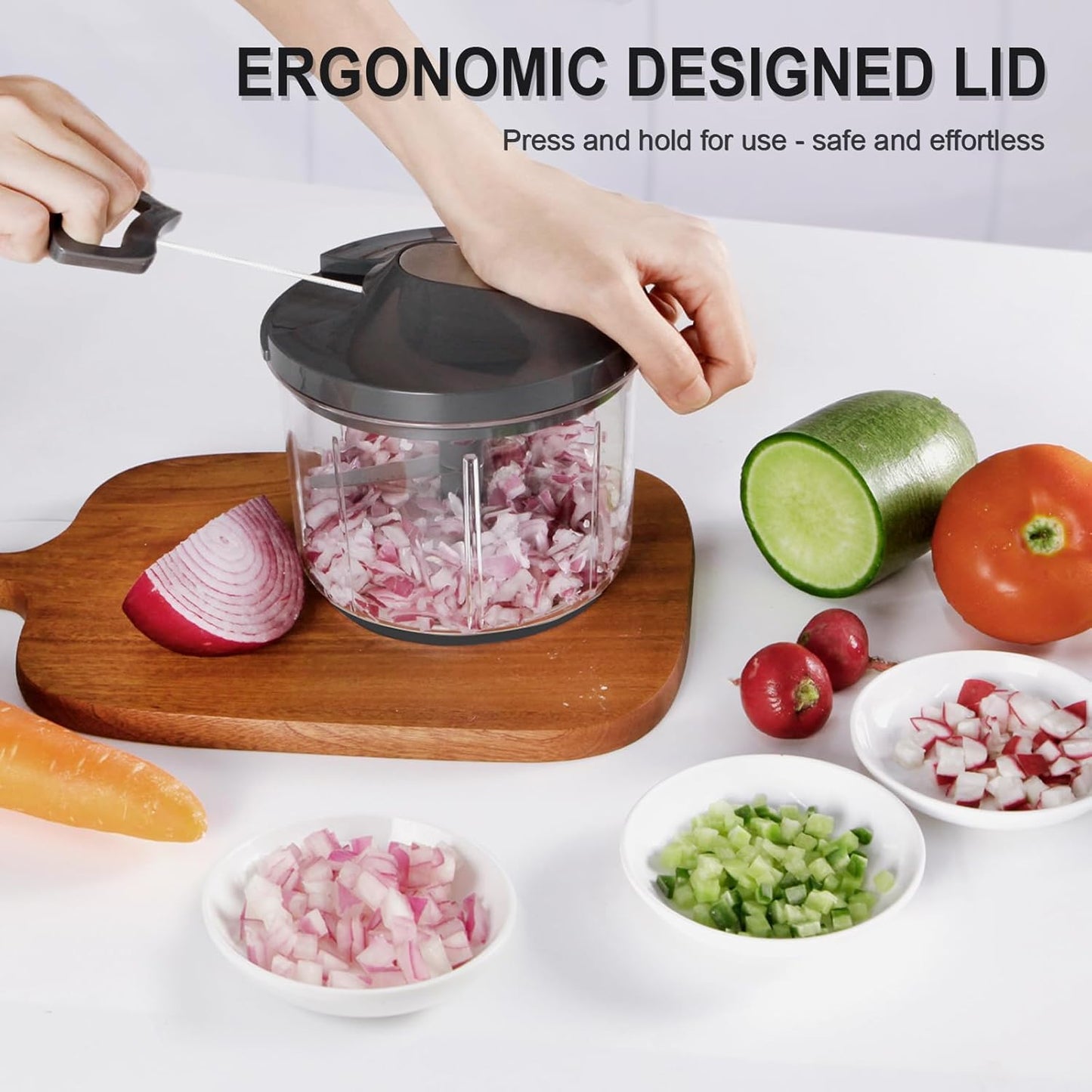 LHS Manual Food Processor Large Vegetable Chopper, 1000ML Pull String Chopper Garlic Mincer Onion Cutter for Veggies,Salad,Fruits, Nuts, BPA Free, Black