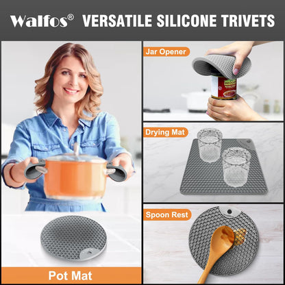 Walfos Silicone Trivet Mats - 4 Heat Resistant Pot Holders, Multipurpose Non-Slip Hot Pads for Kitchen Potholders, Hot Dishers, Jar Opener, Spoon Holder, Food Grade Silicone & BPA Free (Black)