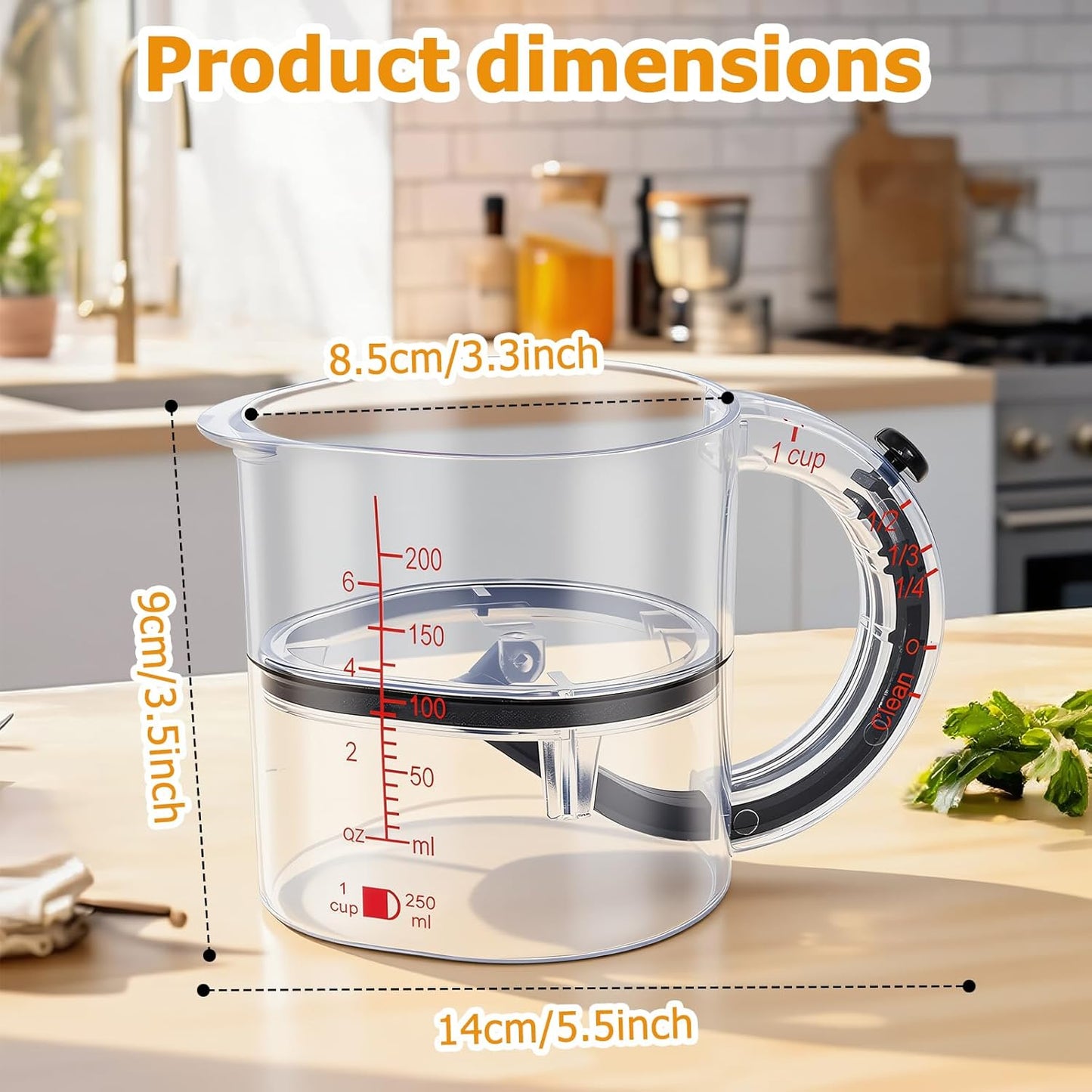 4-in-1 Adjustable Measuring Cup with Base, Multi Measurement for 1/4 to 1 Cup, ML/OZ, Scraper Base for No Waste, Dishwasher Safe