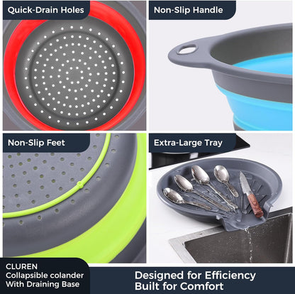Collapsible Colander Set with Oversized Draining Tray | 3-Pack Foldable Kitchen Strainers + Base | Space Saving for Pasta, Veggies, Fruit & Rice | 5 Colors (Gray-White)