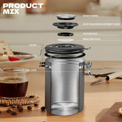 Coffee Canisters with Window,Scoop and Airtight Lid Stainless Steel Kitchen Bean Storage Grounds Container Date Tracker and Scoop for Grounds Coffee Bar Accessories (Cream+window, 22 oz)