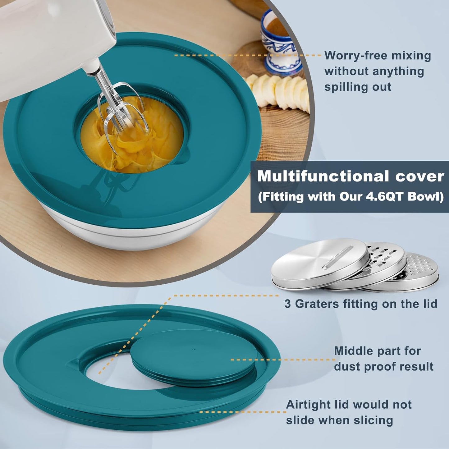 P&P CHEF Mixing Bowls with Lids Set of 6, Stainless Steel Nesting Salad Bowl & 3 Grater Attachments for Prepping Storing, 4.6/2.6/2/1.5/1/0.7 QT, Khaki
