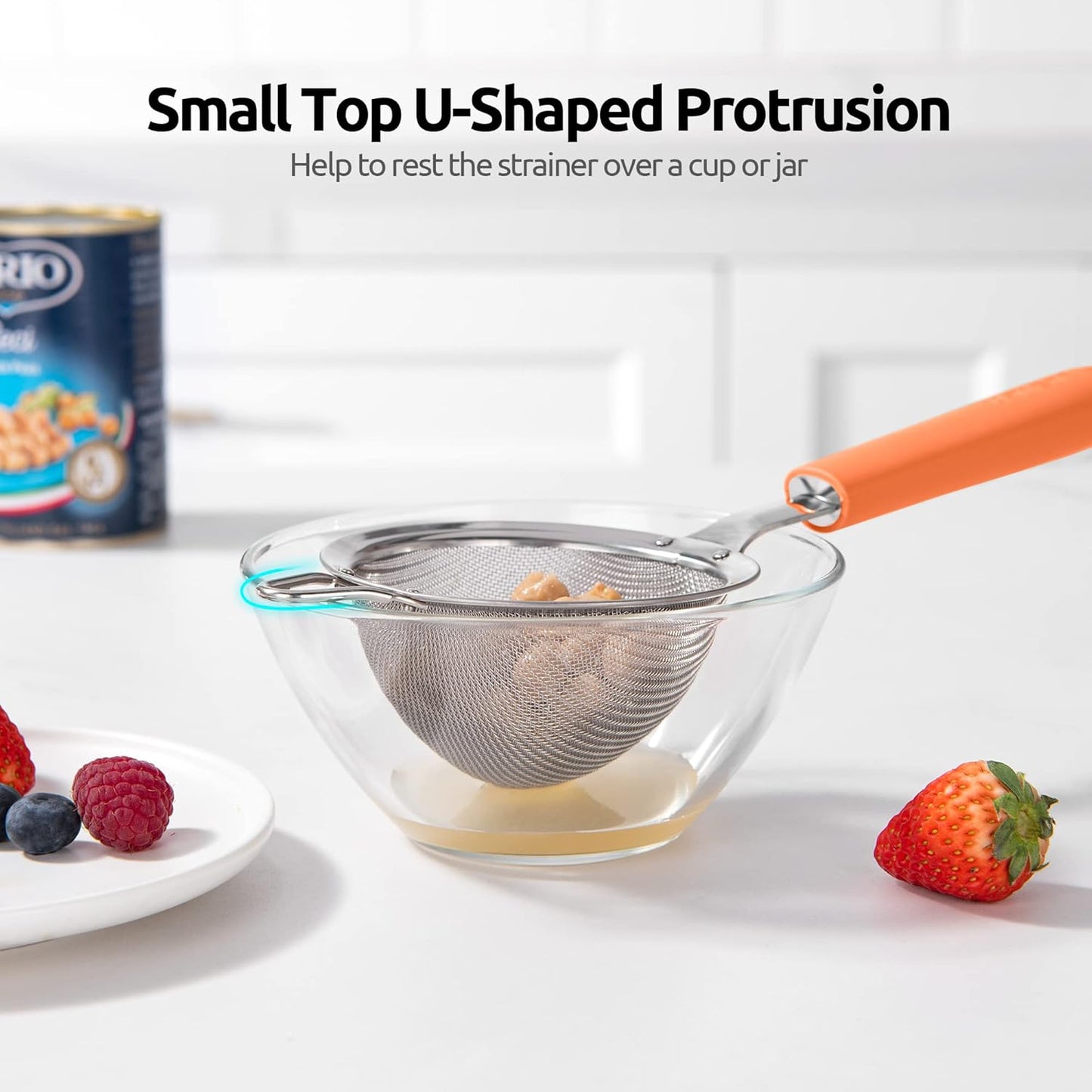 18/8 Stainless Steel Mesh Strainer: U-Taste 5.5 Inch Kitchen Fine Mesh Sieve Food Colander with Riveted Sturdy Silicone Handle and 30 Mesh Hole for Straining Flour, Pasta, Fruit, Quinoa(Aqua Sky)