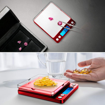 (Upgraded) AMIR Digital Kitchen Scale, 500g Mini Pocket Jewelry Scale, Food Scale, Coffee Scale, Back-Lit LCD Display, 2 Trays, 6 Units, Auto Off, Tare, PCS, Stainless Steel (Batteries Included)