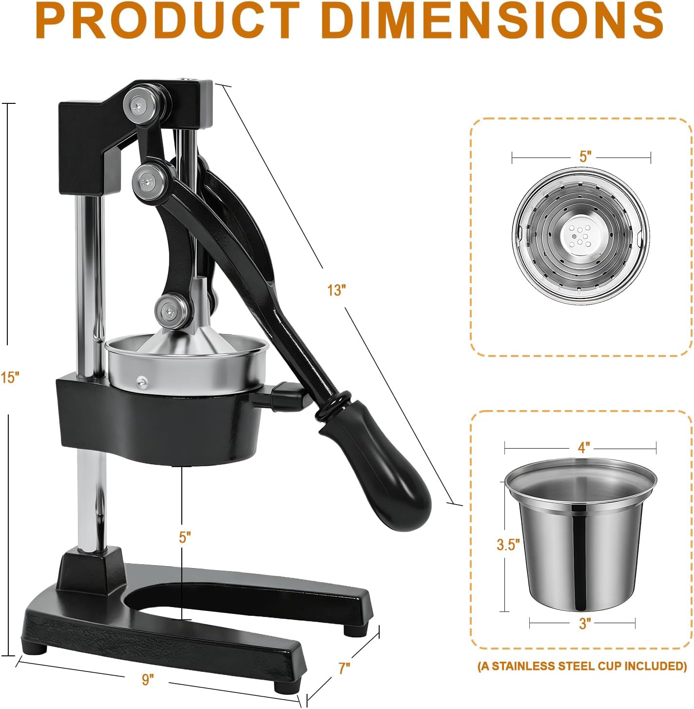 Cast Iron Citrus Juicer | Extra Large Commercial Grade Manual Hand Press with Stainless Steel Cup, Heavy-Duty Manual Juicer Press,Orange Crush Machine,Orange Juicer Squeezer,Easy Clean,Black