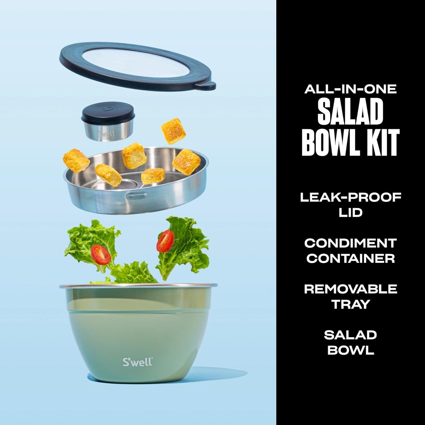 S’well Stainless Steel 64oz Salad Bowl Kit, Teakwood Finish, Includes 2oz Condiment Container and Removable Tray, Leak-Proof and Easy to Clean, Dishwasher Safe