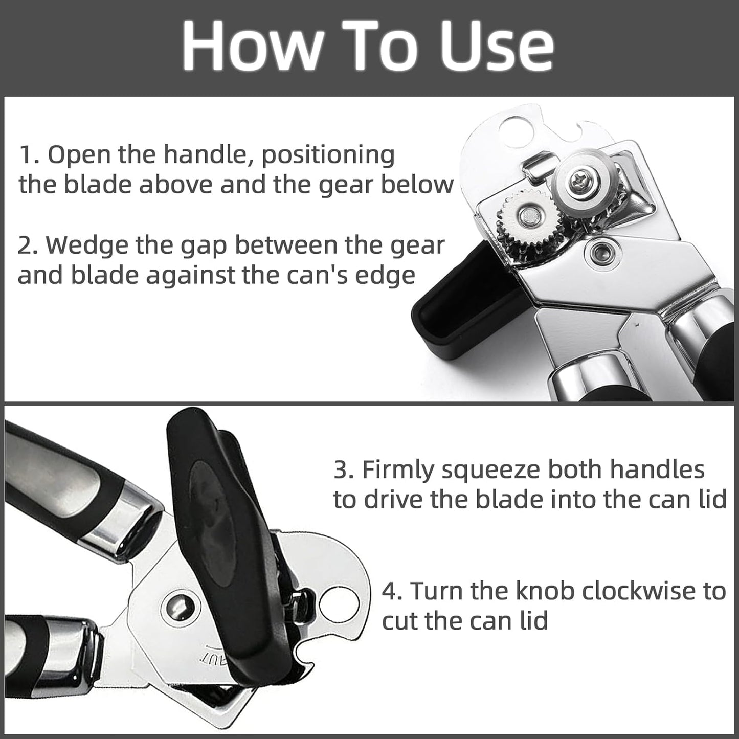Can Opener Manual, Heavy Duty Can Opener with Built-In Bottle Openers, Ergonomic Design Extended Handle, Sharp Blade Smooth Edge, Kitchen Gadgets for Opening Cans, Multifunctional, Black