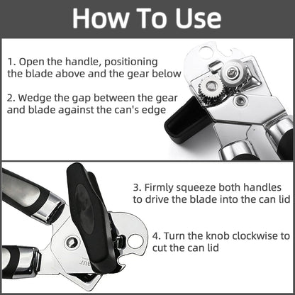 Can Opener Manual, Heavy Duty Can Opener with Built-In Bottle Openers, Ergonomic Design Extended Handle, Sharp Blade Smooth Edge, Kitchen Gadgets for Opening Cans, Multifunctional, Black